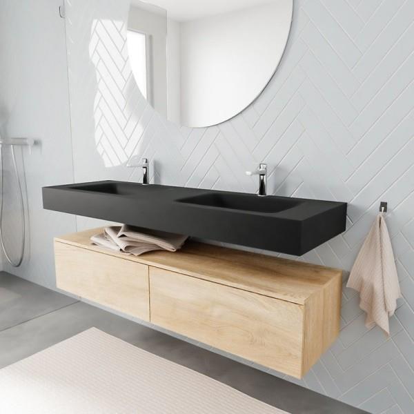 Vapaasti riippuva pesuallas, jossa on perusyksikkö tyylikkääseen kylpyhuoneeseen, moderni ja tyylikäs mattamusta ja puu