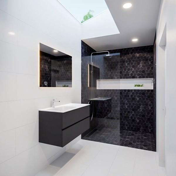 Vapaasti riippuva pesuallas ja perusyksikkö tyylikkääseen kylpyhuoneeseen mustavalkoinen moderni trendikäs