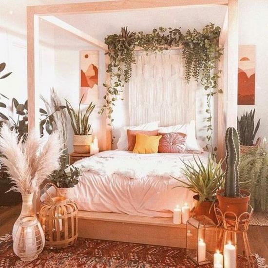 Kevään sisustusideoita makuuhuoneeseen reheviin huoneiden koristuksiin vihreät kasvit kyllästettyjä värejä
