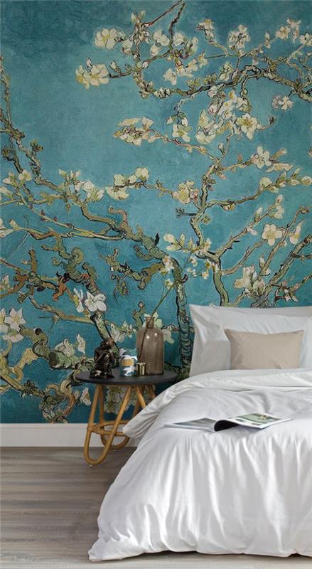 Kevään koristelu kirsikankukilla tapetti sinivihreä tausta valkoiset kukat makuuhuoneessa