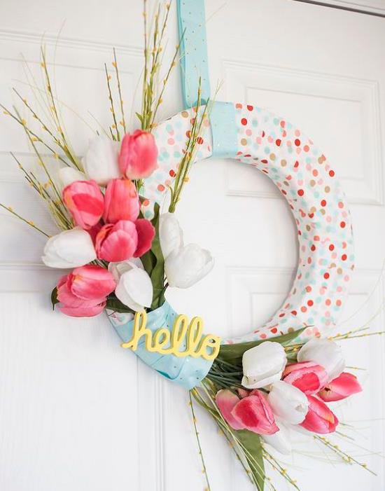 Kevään seppeleet styrofoam -nauhat vaaleansininen jousi kaunis tulppaanit iloinen koriste etuovelle