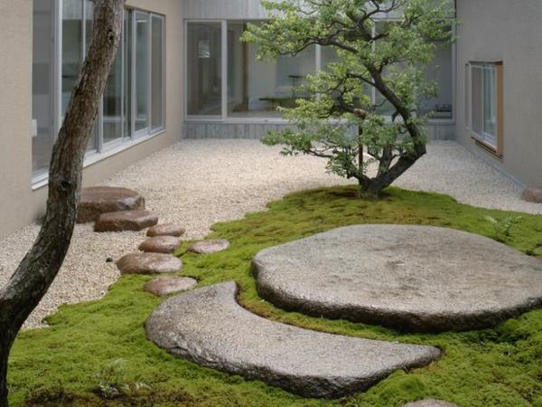 Puutarhasuunnittelu, jossa on soraa ja kivipuita kävelytien takapiha