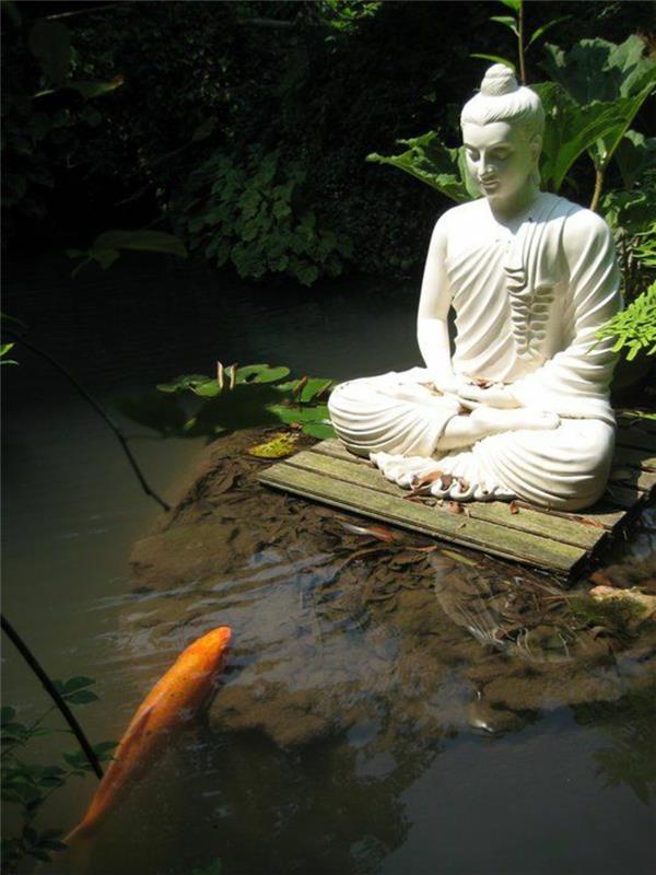 Puutarhalampi kuvat Buddhan patsas Kaukoidän kulttuuri kala