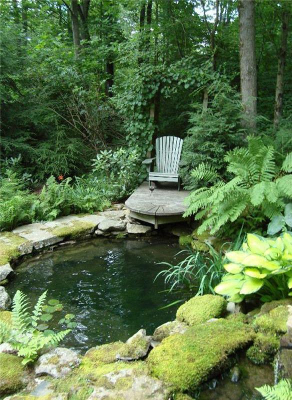 Puutarhalampi kuvia luovia puutarhaideoita vesi puutarhakasvit lampi puinen tuoli