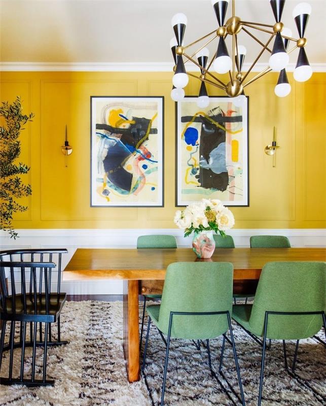 Sisustussuunnittelun salaisuudet paljastavat ruokasalin keltaisen seinän modernit kaksi kuvaa katseenvangitsijana