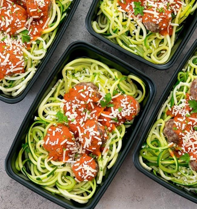 Terveellisiä, nopeita ja helppoja vähähiilihydraattisia reseptejä sisältäviä lihapullia kesäkurpitsa -spagetilla