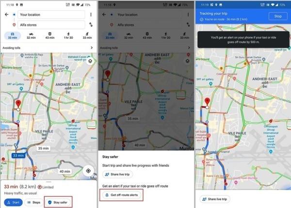 Google Maps varoittaa sinua, jos taksinkuljettajasi poikkeaa reitistä google -navigoinnista ja taksi pysyy turvassa