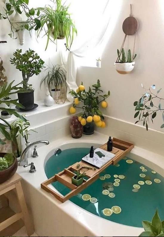 Vihreä kylpyhuone kylpyammeessa sitruunaviipaleet vedessä pieni ikkuna tarpeeksi päivänvaloa kylpyhuone kasveja