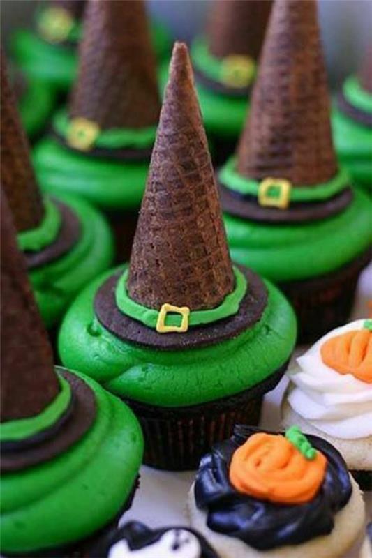 Kauhu muffinsit halloween leivonnaiset vihreä cupcakes paistaminen noita hattu