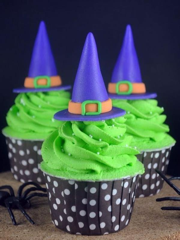 Kauhu muffinsit halloween jälkiruoka vihreä cupcakes paistaminen noita hattu