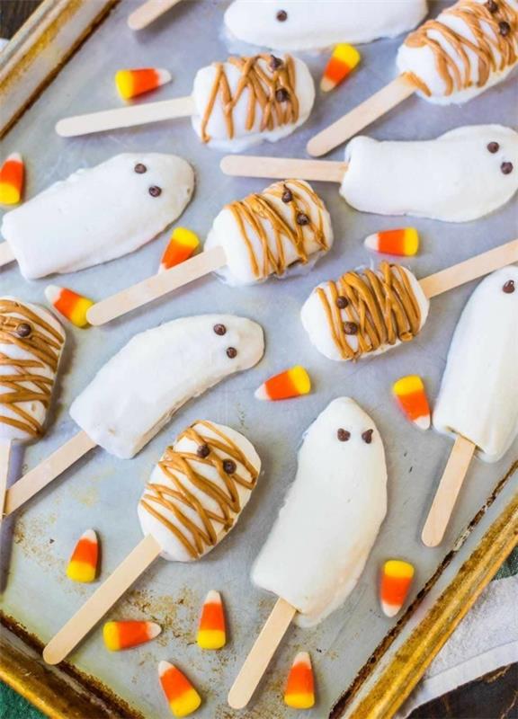 Halloween -ruoka lastenjuhlat välipalat sormiruoka kylmät banaanit aaveet
