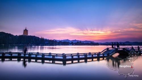 Hangzhou ja West Lake panoraamanäkymät Kiinaan