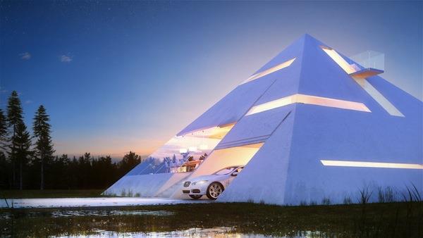 Talo pyramidin muotoisen konseptisuunnittelun autotalli