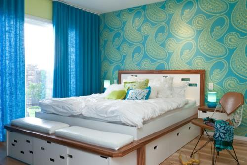 Kodintekstiilit ja tekstuurit yhdistävät oikein makuuhuoneen vihreän turkoosikuvion