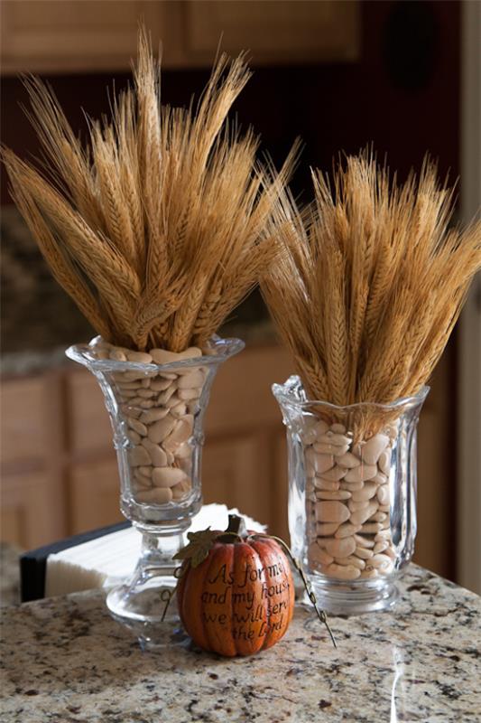 Syksyn koristelu vehnällä kaksi korkeaa lasista maljakoita täynnä papuja.Vehnänvarret kurpitsa asetettu pöydälle