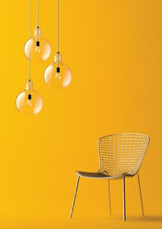 Riippuvalaisimet kolme yksinkertaista muotoilua keltainen tausta tuoli