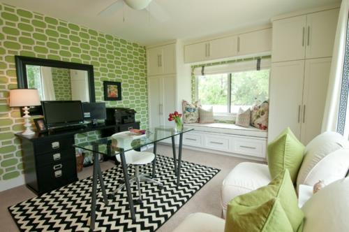 Kotitoimiston pöytä nojatuoli vihreä seinän suunnittelu matto musta valkoinen