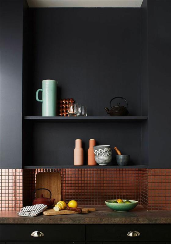 Ideoita luovaan seinän suunnitteluun keittiön seinämaalaus mustille hyllyille
