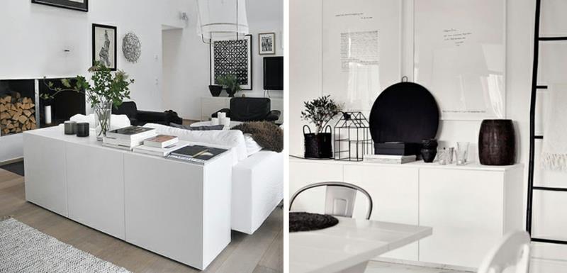 Ikean Besta -huonekalut keittiö- ja olohuoneen kalusteet