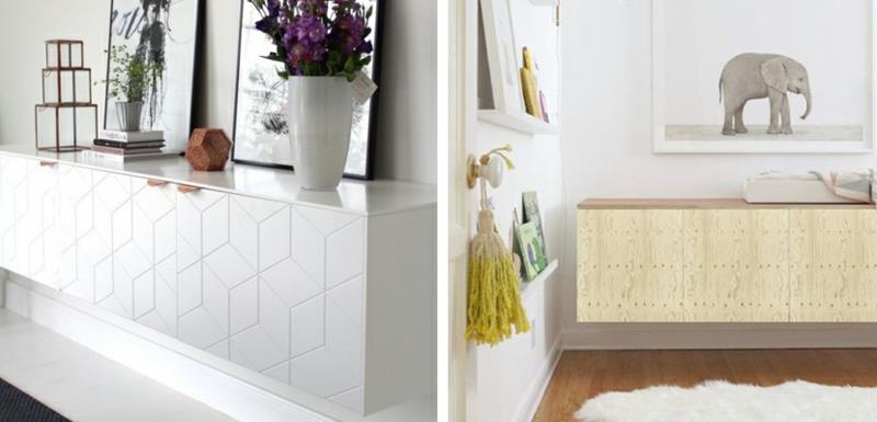 Ikean Besta -huonekalut, valkoinen pukeutuja olohuoneen sivulaudat