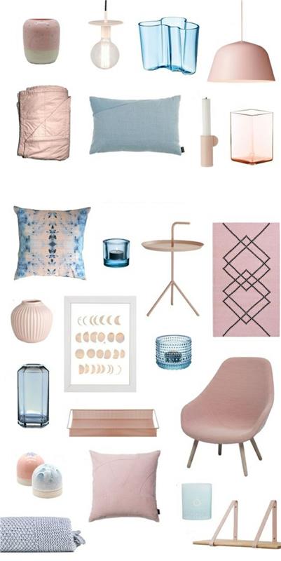 Suunnittelu sisustus huonekalut trendi värit vaaleanpunainen sininen