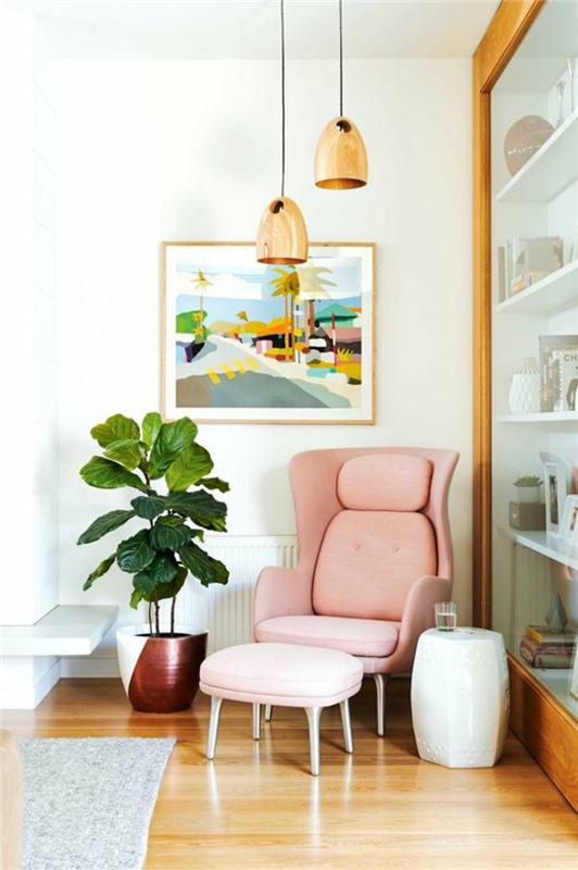 Suunnittele sisustus olohuoneen kalusteet rento nojatuoli vaaleanpunainen