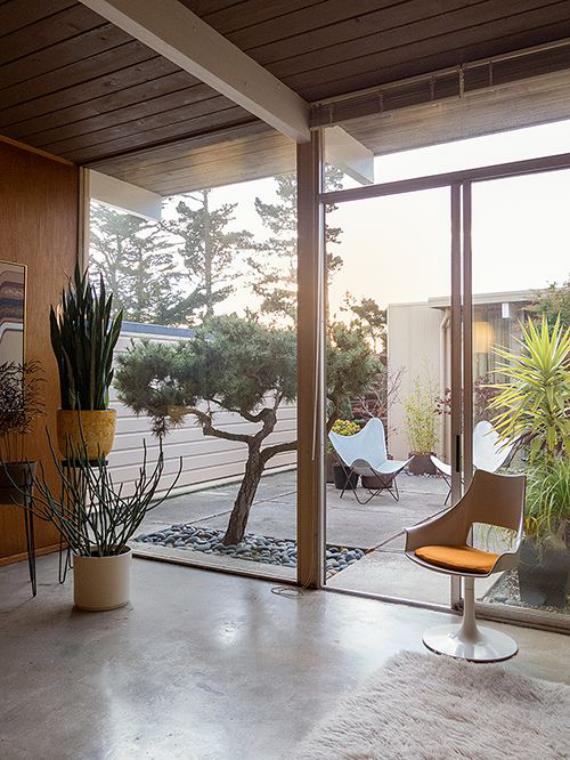 Tyylikäs sisäpiha kutsuu mukavaa minimalistista muotoilua zen -puutarhan ulkopuolella