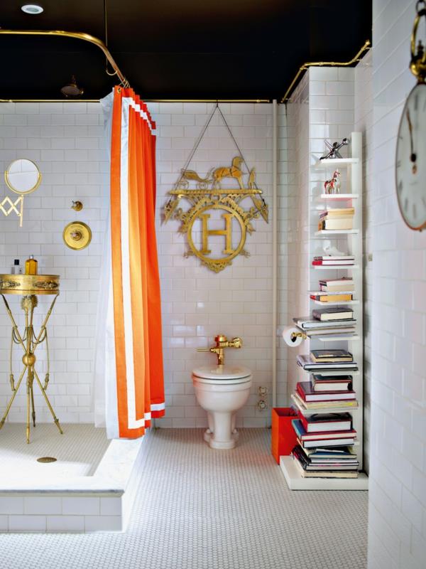 Innovatiiviset sisustusideat kylpyhuone oranssi verhot suihku