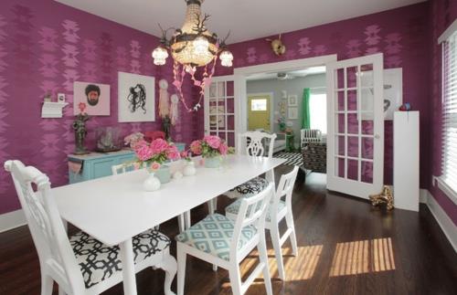 Sisustus, jossa on viileä sisustus naisellinen violetti seinä ruokasali