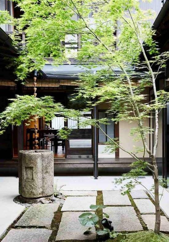 Japanilainen puutarha korkea esteettinen visuaalinen harmonia viittaa puiden suihkulähteisiin