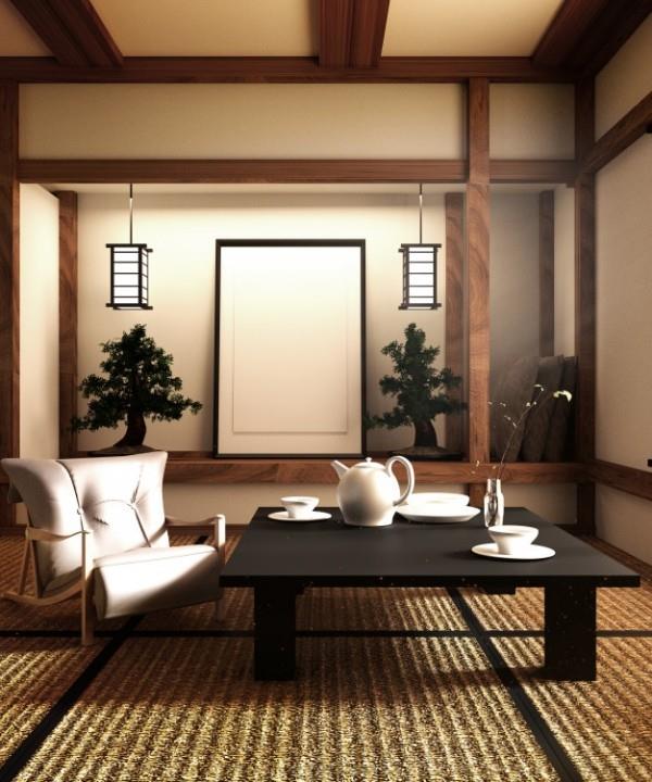 Japanilaisen olohuoneen bonsai -puiden lyhdyt, jotka on valmistettu bambusta tai riisipillistä