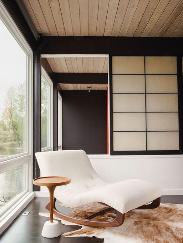 Japanilainen olohuoneen nojatuoli tyylikäs muotoilu kirkkaat värit jalo yksinkertaisuus vähentää estetiikkaa