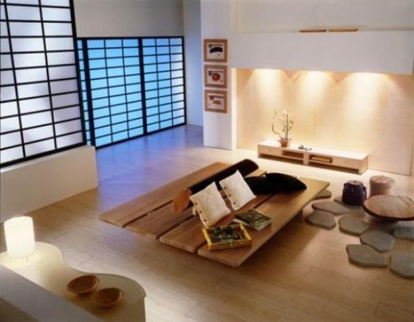 Japanilainen olohuone tyylikäs tyypillinen japanilainen liukuovi erottaa huoneet hienovaraisesta luonnonmateriaalista