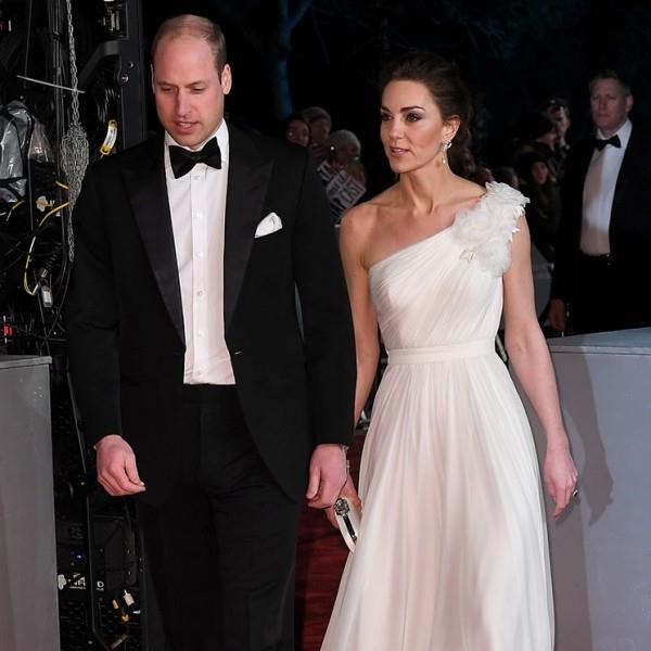 Kate Middleton Prinssi William mustassa puvussa Baftan kanssa