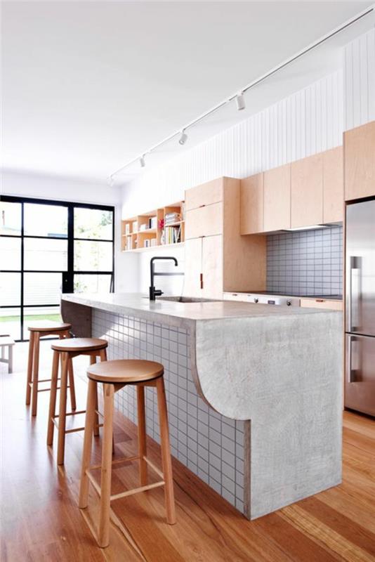 Keittiön suunnittelu nykyiset trendit valkoinen väri keittiösaari betoni