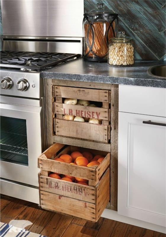 keittiön suunnitteluideoita maalaismainen keittiösuunnittelu säilytystilaa puulaatikot