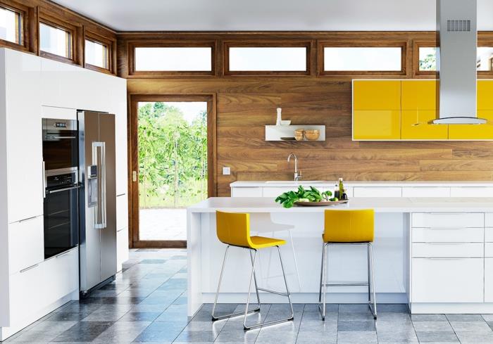 Keittiösuunnittelu Ikean keittiöt creme baige kirkkaan keltaiset tuolit