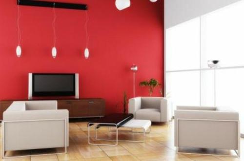 Kühne -seinän suunnittelu kontrastiseinä punainen olohuoneen nojatuoli sohvapöytä