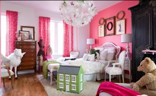 Lihavoitu seinän suunnittelu kontrastiseinä makuuhuone lastenhuone pinkki tyttö