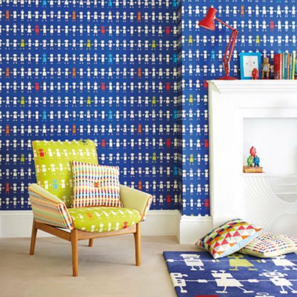 Koristeellinen tapetti sänky pehmeä sininen seinä design lastenhuone