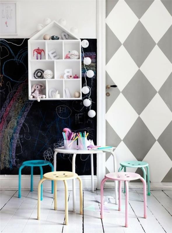 Lastenhuoneen pöytäjakkara pastellivärit liitutaulun väri luova seinäsuunnittelu liitutaulu