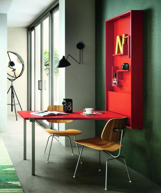 Taitettava pöytä älykkäitä ideoita huonekalujen taittamiseksi tilan säästämiseksi, punaisella maalattu katse