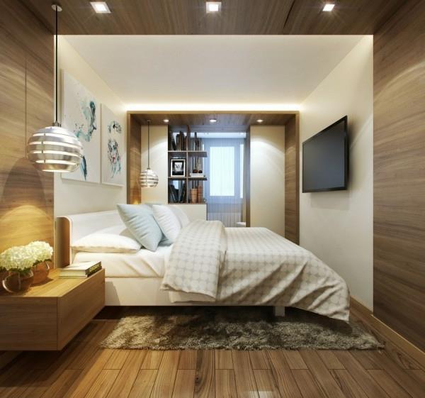 Pieni makuuhuone moderni muotoilu puuseinän suunnittelu