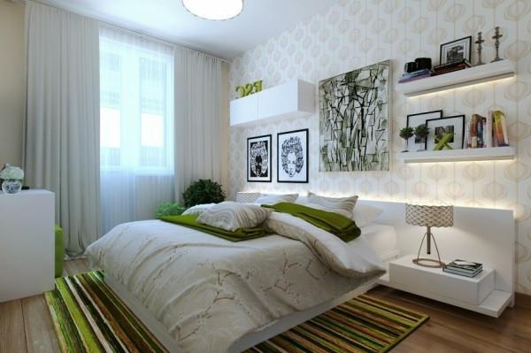 Pieni makuuhuone, modernit lämpimät värit