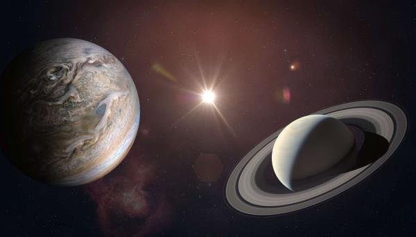 Jupiterin ja Saturnuksen yhdistelmä Näkymä tähtitaivaan suuresta planeettojen tähdistöstä