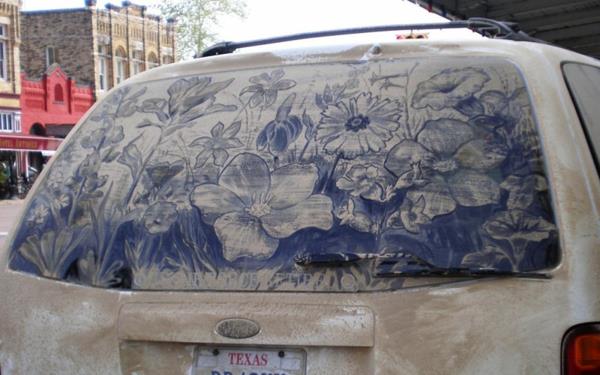 Taidetta pölystä likaiset auton ikkunat kukat