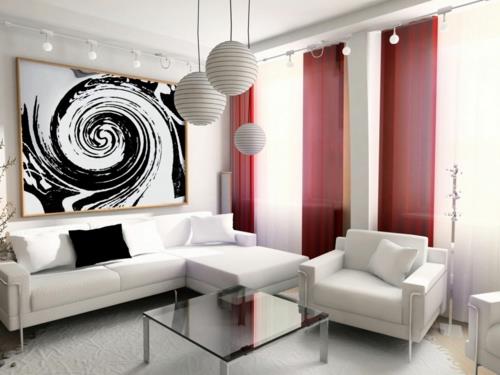 Koristeellinen viileä olohuone asetti valkoiset mustat huonekalut riippuvalaisimet pallo