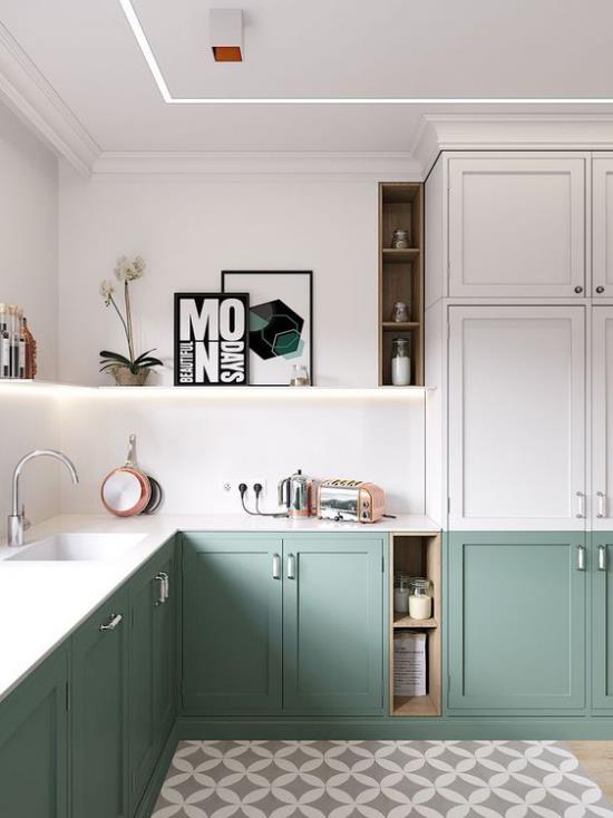 L keittiö moderni muotoilu valkoinen ja runsas vihreä väriyhdistelmähyllyikkuna