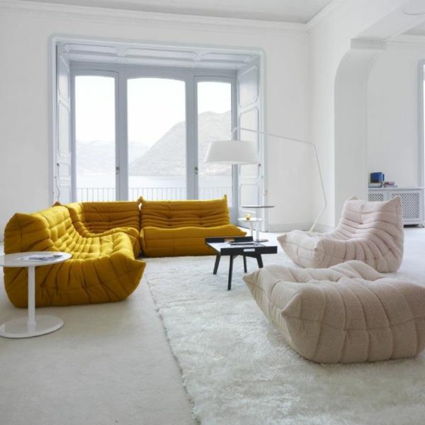 Ligne Roset -sohvasuunnittelijan huonekalut valkoinen keltainen nojatuoli Philippe Nigro