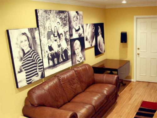 Vähennä melusaastetta kotona sohvalla ruskea nahka keltainen seinä